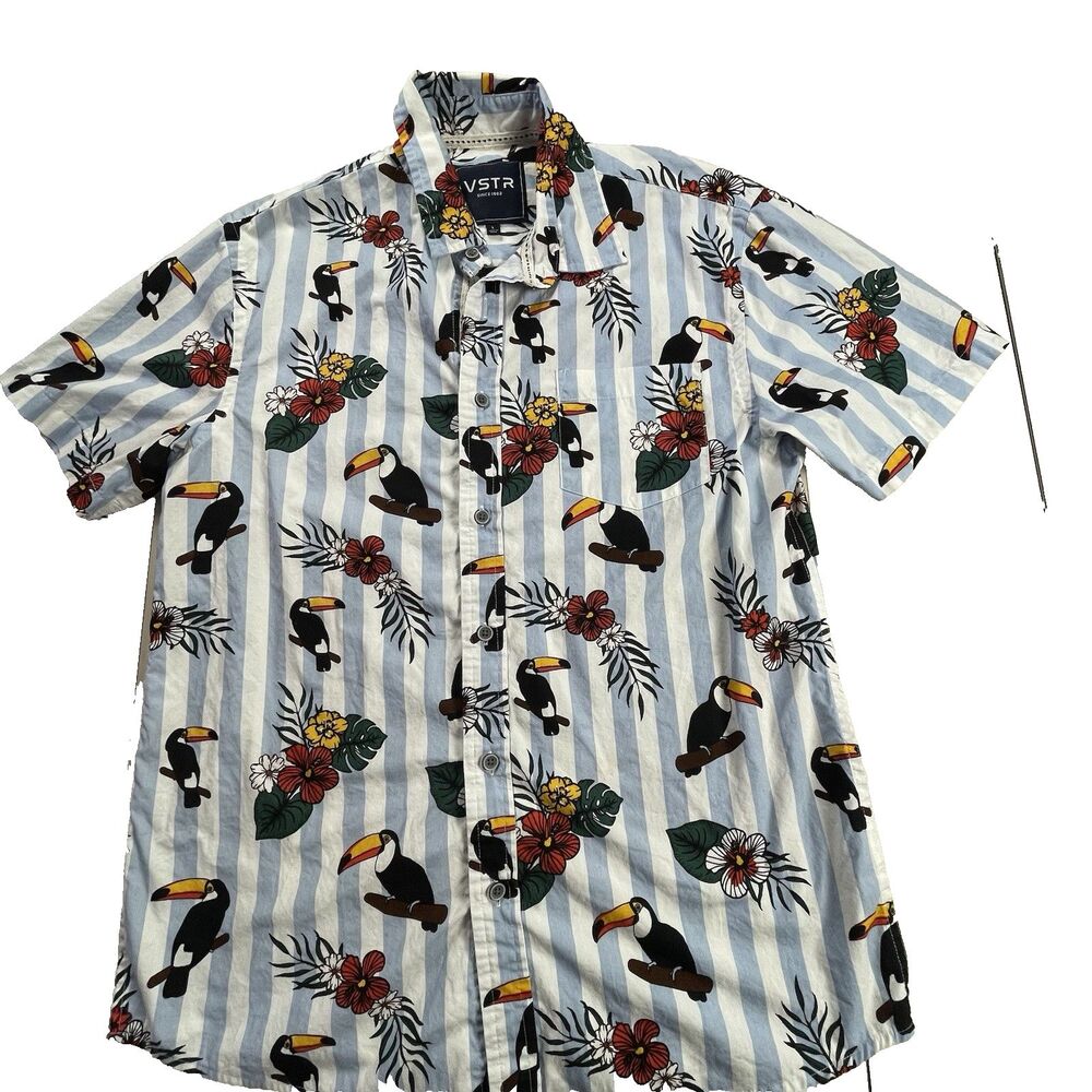 VSTR Hawaiian Shirt Mens Large Blue Button Up Flowers Hibiscus Toucans Luau